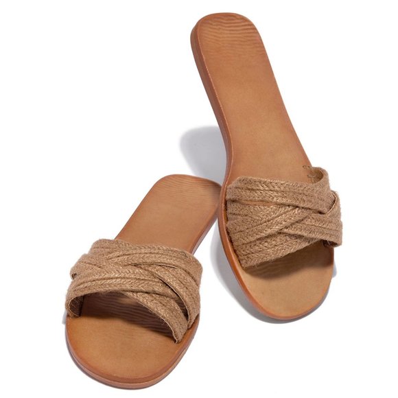 NEW🔥 Tan Strappy Raffia Woven Open Toe Flat Slide Sandal Flip Flops - Picture 3 of 5